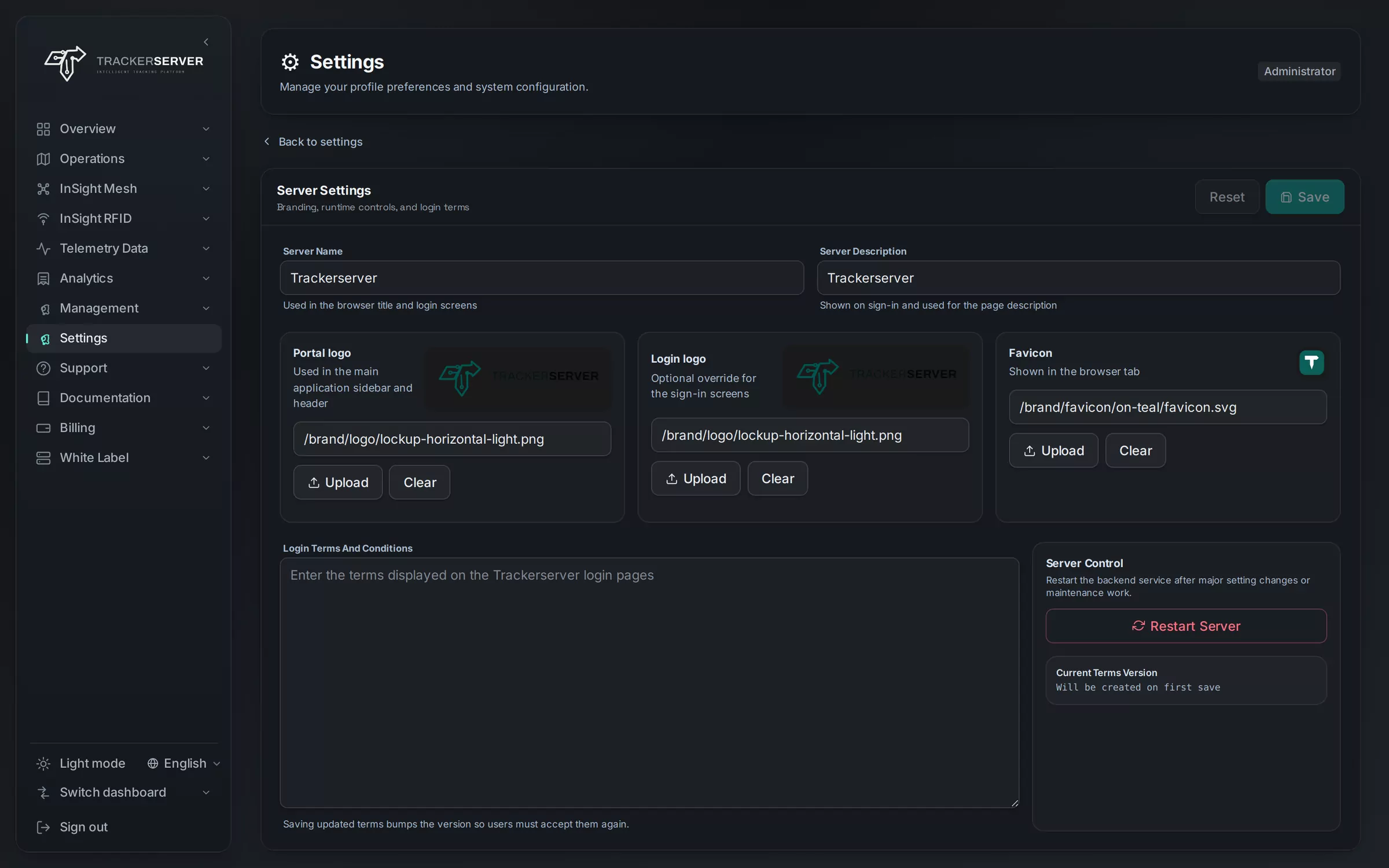 Trackerserver branding settings: a tracking business's own logo and colours