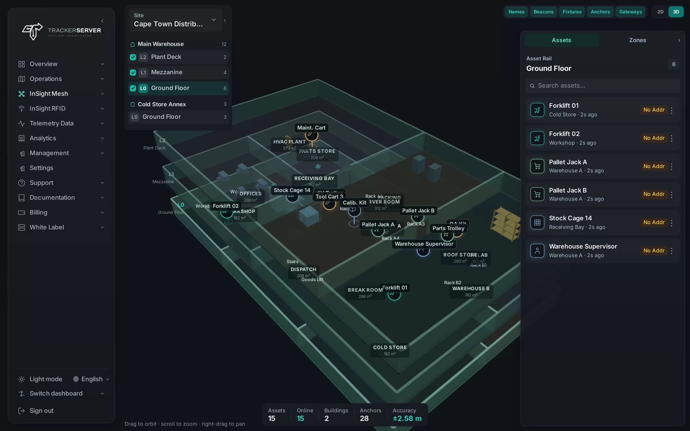 InSight Mesh: a building in 3D with tagged assets on each of its floors
