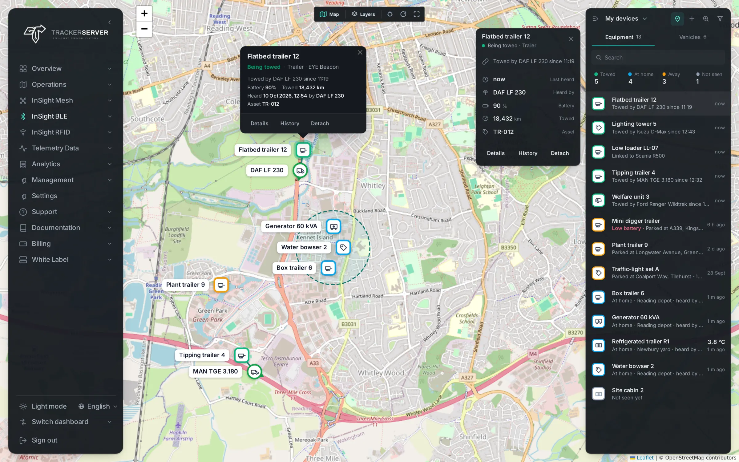 InSight BLE: equipment shown on the live map with the vehicle that has it