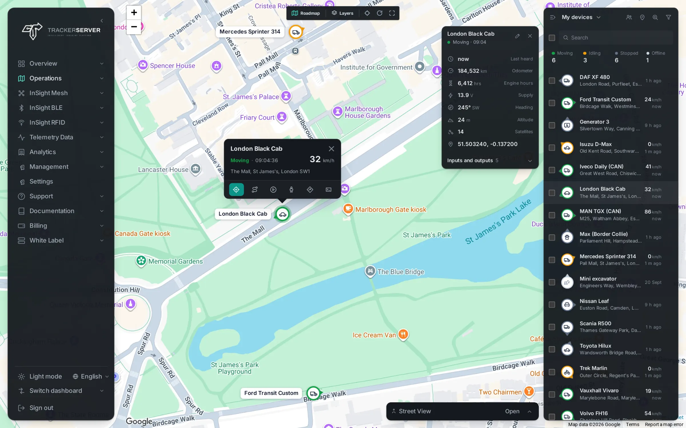 The Trackerserver live map: vehicles followed by GPS, on the platform InSight RFID is a module of
